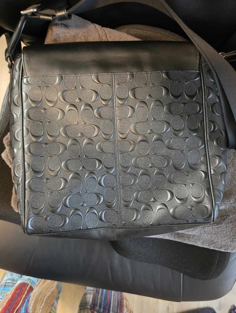 Coach Black Leather Embossed Signature Messenger Bag